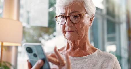 Aufkleber - Senior, woman and typing with phone in home for playing bingo game, word search or internet browsing. Retirement, elderly person or smartphone for reading ebook, online news or streaming subscription