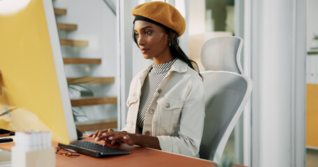Poster - Business, woman and typing on computer in office for campaign management, KPI tracking and client email. Digital marketing specialist, employee and tech for social media engagement at creative agency