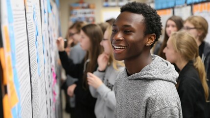 Wall Mural - student presenting project on whiteboard in front of peers.