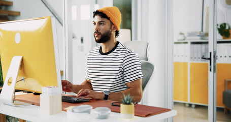 Poster - Creative, designer or man on computer to research for artistic project, digital media or video editing. Producer, male editor or PC monitor for content creation, post production or filmmaking process