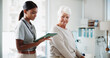© BuyOutFelix02/peopleimages.com - Physical therapy, tablet and woman with senior patient with medical results, consulting and mobility. Physiotherapy, online and person on digital tech for diagnosis, treatment or rehabilitation