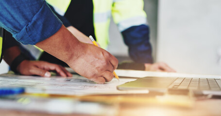 Poster - Architecture, collaboration and hands with construction worker people closeup on building site for planning. Blueprints, floor plan and writing with engineering team on location for development