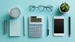© Songsak - Budget flat lay with laptop notebook calculator smartphone coffee cup glasses and financial statement reports on blush pink to sky blue gradient pastel background
