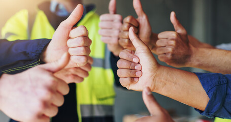 Poster - Thumbs up, engineer and group in construction site, hands and opinion for safety at work, vote and yes. Closeup, people and contractor with sign for architecture, agreement and review for development