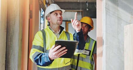 Aufkleber - Man, tablet and inspection at construction site for discussion, review and point for renovation project. Lead engineer, touchscreen and team for architecture, listen and app for safety at property