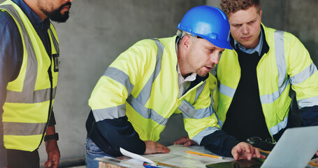Poster - Man, laptop and group at construction site with meeting, review and planning for renovation project. Lead engineer, checklist and staff for documents, computer and blueprint for property development