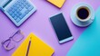 © Songsak - Budget flat lay with laptop notebook calculator smartphone coffee cup glasses and financial statement reports on blush pink to sky blue gradient pastel background