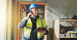 © LuxeShutter24/peopleimages.com - Building, phone call and tablet with developer man on site for civil engineering or development. App, conversation and planning with construction worker person on location for project management