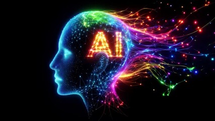 A human head with binary code shines with a bright, dark technology design on a fractal backdrop