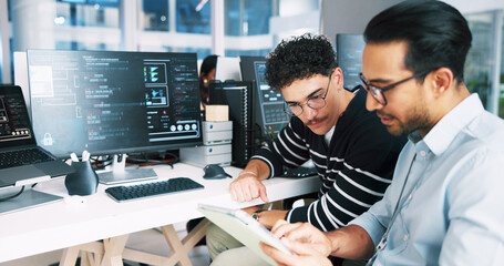 Poster - Web developer, tablet and coding in office for software, system or website update advice. Night, programmer and backend engineer with feedback for company development, teamwork or workplace project