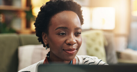 Aufkleber - Laptop, relax and smile with black woman in living room of home for browsing or streaming. Computer, internet and subscription with happy person in apartment on weekend morning for break or free time