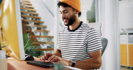 Poster - Creative, designer or man on computer typing for artistic project, digital media or video editing. Producer, editor or research in startup for content creation, post production or filmmaking process