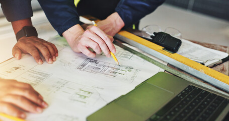 Poster - Blueprints, hands and writing with construction worker people closeup on building site for strategy. Architecture, collaboration and floor plan with engineering team on location for development