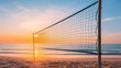 © Khozainuz - Volleyball net on serene beach illuminated by warm sunset glow and reflections