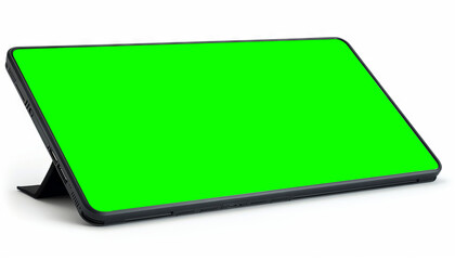 Aufkleber - Sleek tablet with vibrant green screen, positioned at angle, ideal for showcasing digital content or applications. This modern device is perfect for presentations or online assessments
