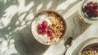 © AI_Vision - Top down view of a breakfast table with a bowl of cowa mangosteen yogurt and granola fresh and healthy bright morning light real photo stock photography