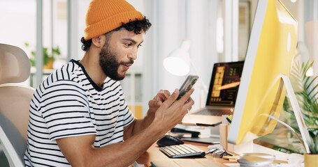 Aufkleber - Man, phone and excited in office with good news for project management at web design company. Person, technology and smile for agreement, positive review and feedback negotiation at creative agency