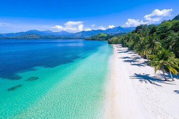 Wall Mural - Tropical Beach Paradise - Pristine white sand beach meets turquoise ocean, bordered by lush palm trees and mountains. Perfect vacation destination