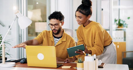 Aufkleber - Office, tablet and business people with laptop for teamwork, software update and discussion for ux. Collaboration, web designer and creative manager with technology for seo tools, research or talking