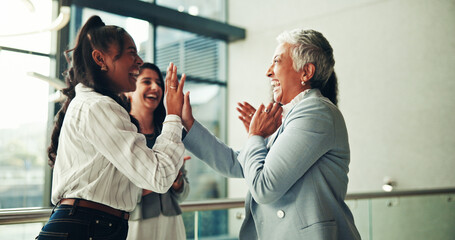Poster - Women, happy and high five with group at office with support, achievement and praise at agency. People, celebration and cheers with goals, winning and team with congratulations at insurance company
