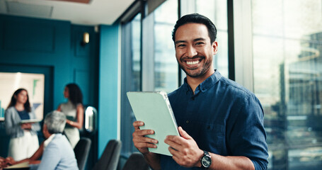 Fototapete - Tablet, portrait and happy businessman in office for financial research, investment consultant and email for analysis. Digital technology, smile and professional employee in workplace for coworking