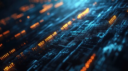 Abstract Digital Data Stream:  A mesmerizing visualization of flowing binary code, vibrant hues of blue and orange illuminate the intricate network of information.