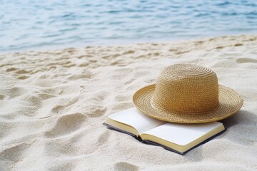 Wall Mural - Beach Book and Hat - A straw hat rests on an open book on a sandy beach near the ocean. Perfect for summer vacation themes
