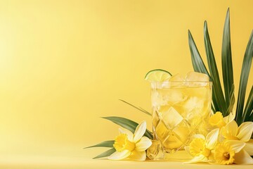 Poster - Yellow drink garnished with flowers and leaves.