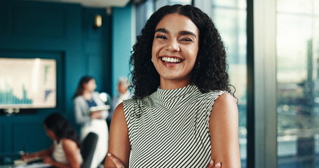Poster - Business, meeting and woman with portrait in office for financial presentation, budget review and career pride. Finance analyst, employee and happy in boardroom for funding pitch or corporate seminar
