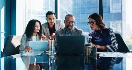 Aufkleber - Laptop, team and business people planning in meeting or brainstorming idea with investment data. Group, computer or corporate discussion with risk manager for analysis or financial proposal in office