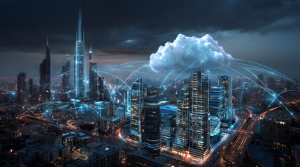 Wall Mural - cloud computing concept. smart city wireless internet communication with cloud storage, cloud servic