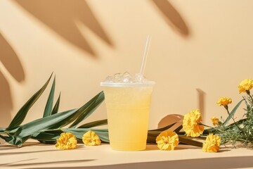 Poster - Lemon-flavored drink in a disposable cup, presented with blossoms.
