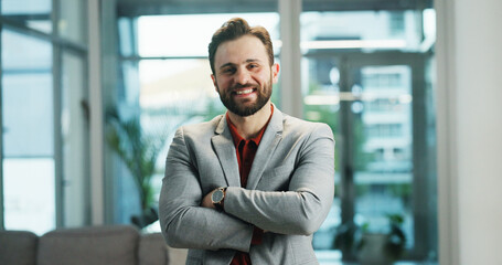 Poster - Businessman, portrait and fashion with confidence at office for corporate startup or development. Man, employee or smile with arms crossed in suit for career, job or business attire at workplace