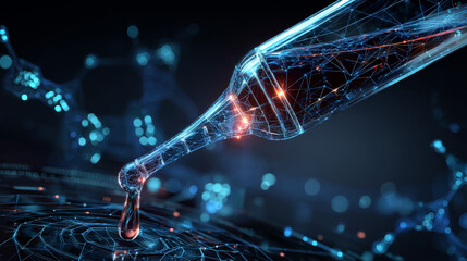 Wall Mural - glowing digital test tube releasing a droplet, symbolizing futuristic science, research, and biotech