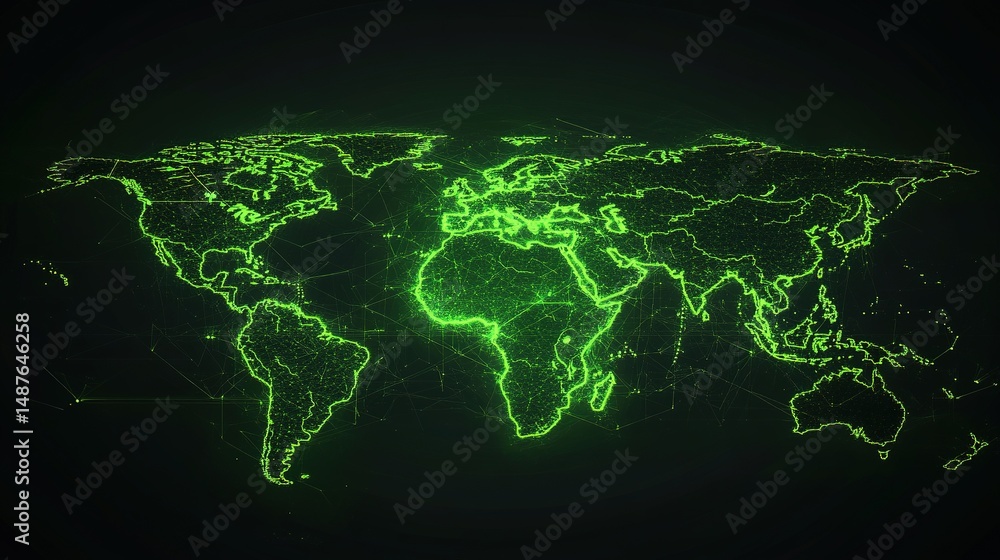 Concept illustration of glowing green energy network on global map, eco ...