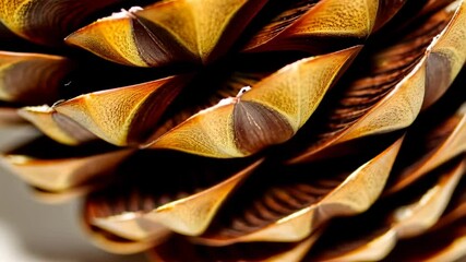 Extreme close-up captures the intricate patterns and textures of an autumnal pinecone with tan and brown scales.