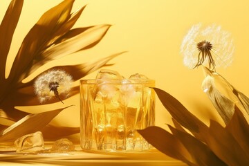 Poster - Golden drink, with ice, and delicate foliage, in a  setting.