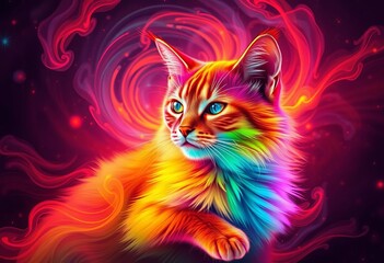 Wall Mural - Rainbow cat, abstract swirling nebula, fluorescent red accents, calming vibes,  colorful,  design