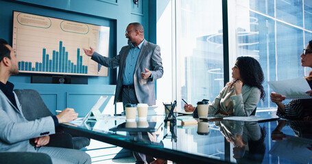 Fototapete - Presentation, laptop and business people in office for financial consulting, budget review and investment. Professional, corporate team and men with women for finance report, strategy and discussion
