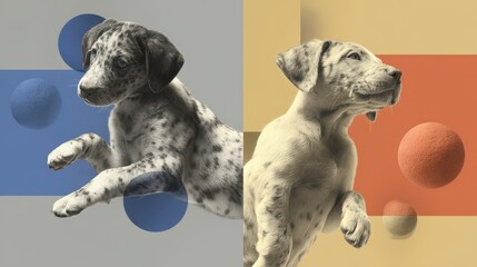 Wall Mural - two playful puppies leaping in the air, interacting with colorful balls.