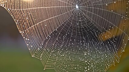 Spiderweb detail with dew drops glistening in morning sunlight against a blurred green background, showing delicate nature