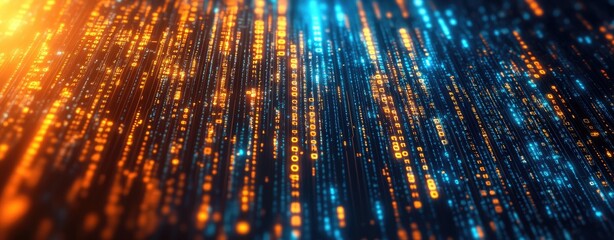 Abstract digital background featuring a blend of blue and orange binary code streams. symbolizing technology and data flow. suitable for tech-related projects