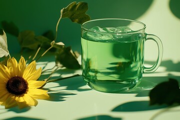 Poster - Vibrant green drink in a glass mug, beside a sunflower.