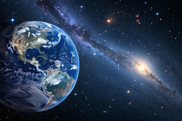 earth in a space and distant galaxy astronomy, stars, blue planet, starry background science.
