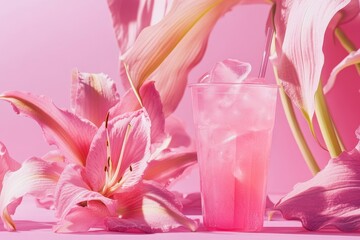 Poster - Pink drink with ice and flowers in a vibrant display.