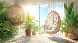 Bright and airy room features two hanging wicker chairs, lush potted plants, and sunlight streaming through large windows. Neutral color palette with natural textures.