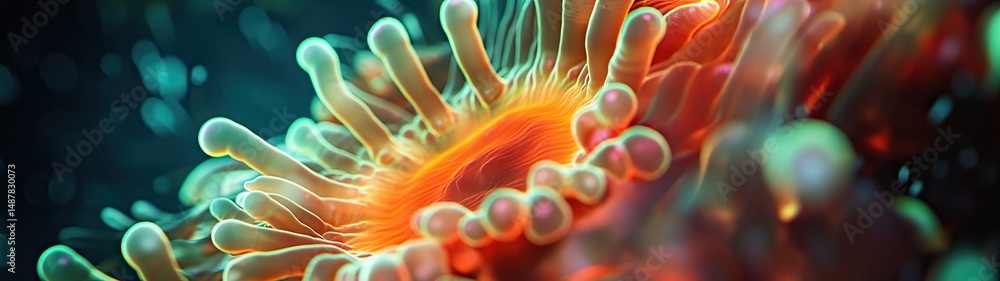 Microscopic view of vibrant coral polyps with tentacles, glowing orange ...