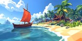Tropical island scene with sailing vessel.