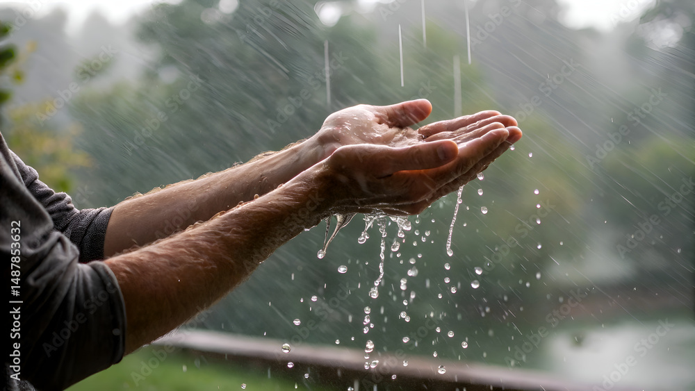 Fall Into Outstretched Hand Drops of water fall into outstretched palms. Man's hands in the rain ...