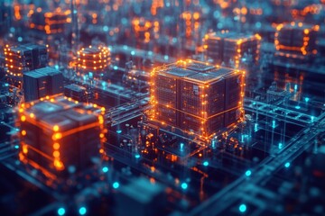 Futuristic microchip cityscape with glowing orange circuits, representing advanced technology and digital innovation.